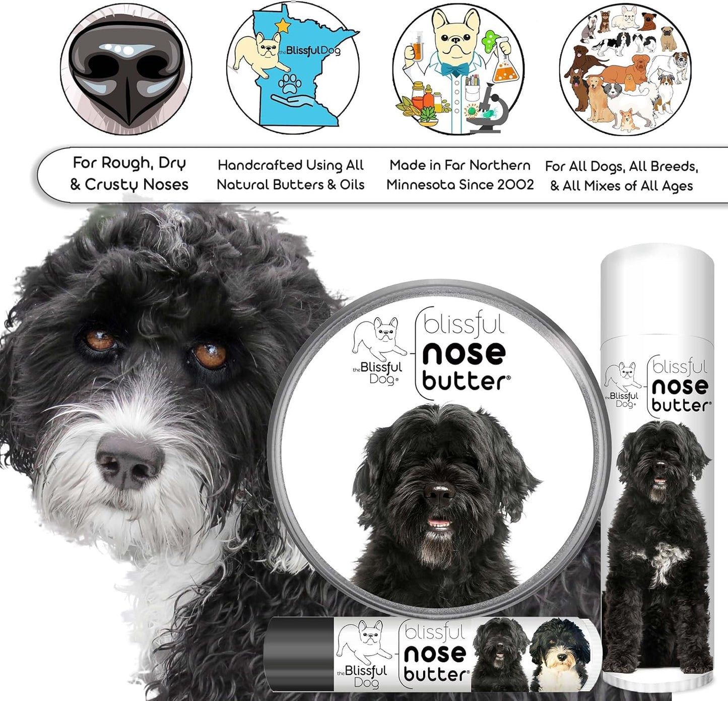 The Blissful Dog Portuguese Water Dog Unscented Nose Butter - Dog Nose Butter, 2 Ounce