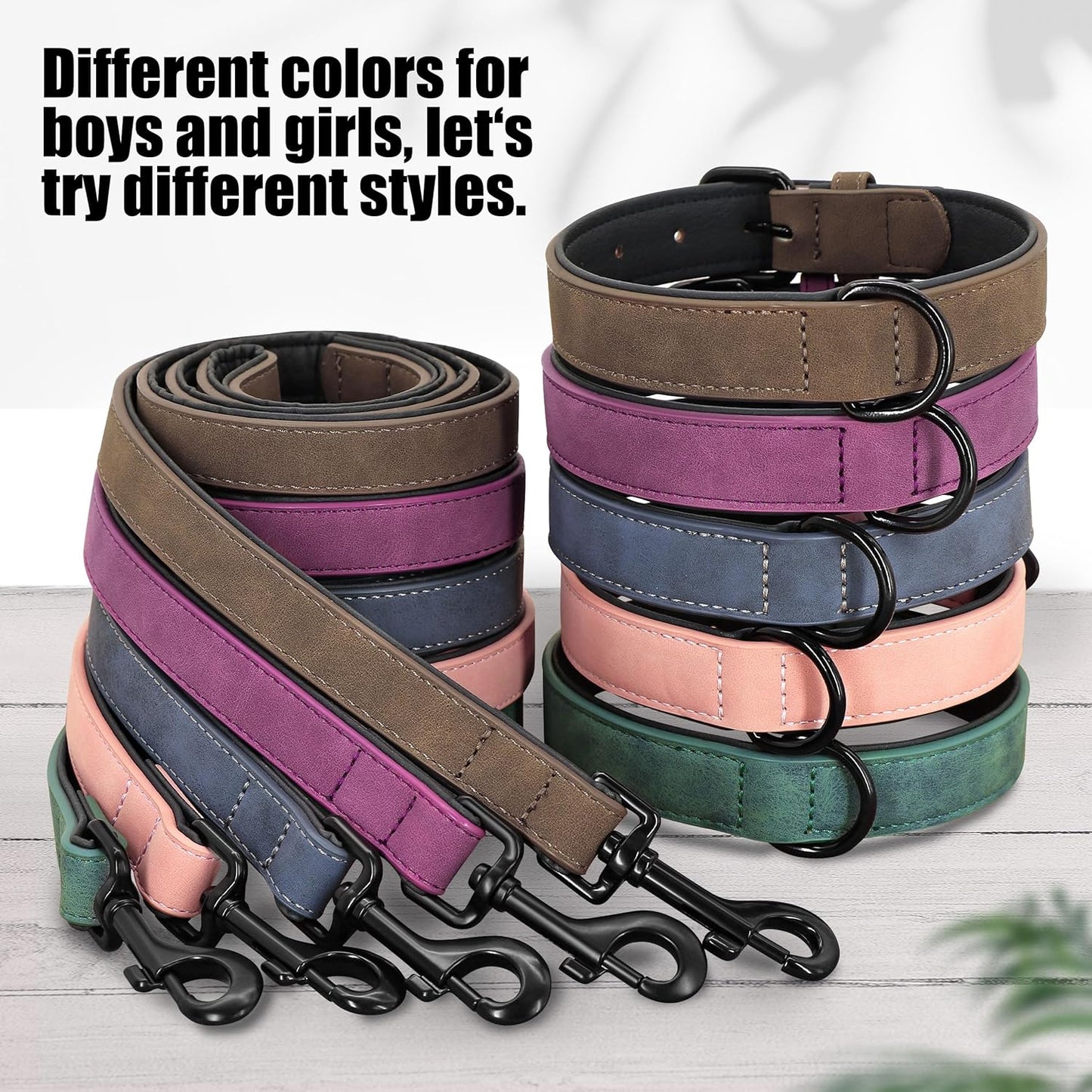 Didog Soft Padded Leather Dog Collar and Leash Set, Adjustable Dog Leash and Collar Set with Metal Buckle, Breathable Dog Collars with 4FT Faux Leather Dog Leash for Small Medium Large Dogs, Blue, XL