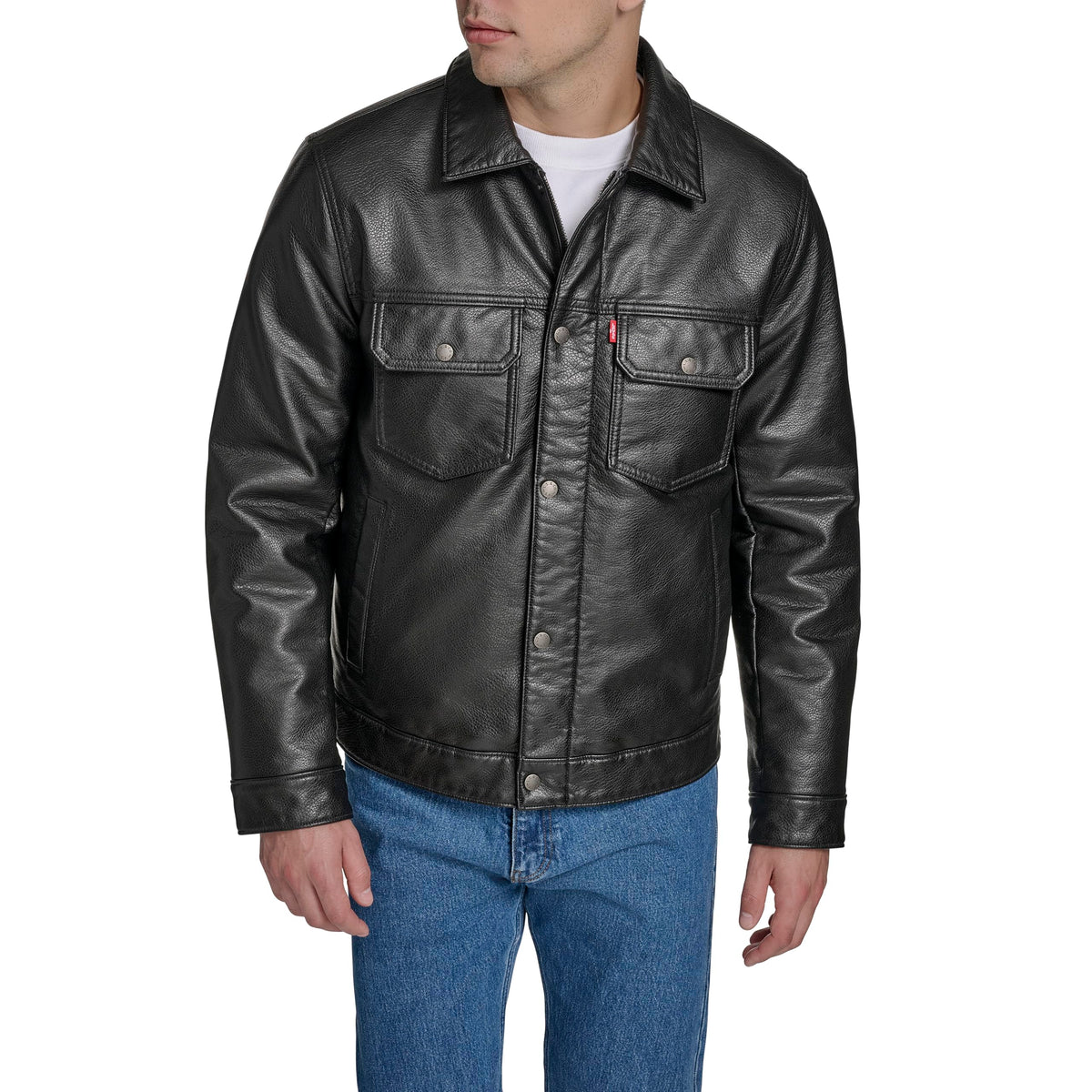 Levi's Men's Faux Leather Trucker Jacket with Quilted Lining, Black, Medium