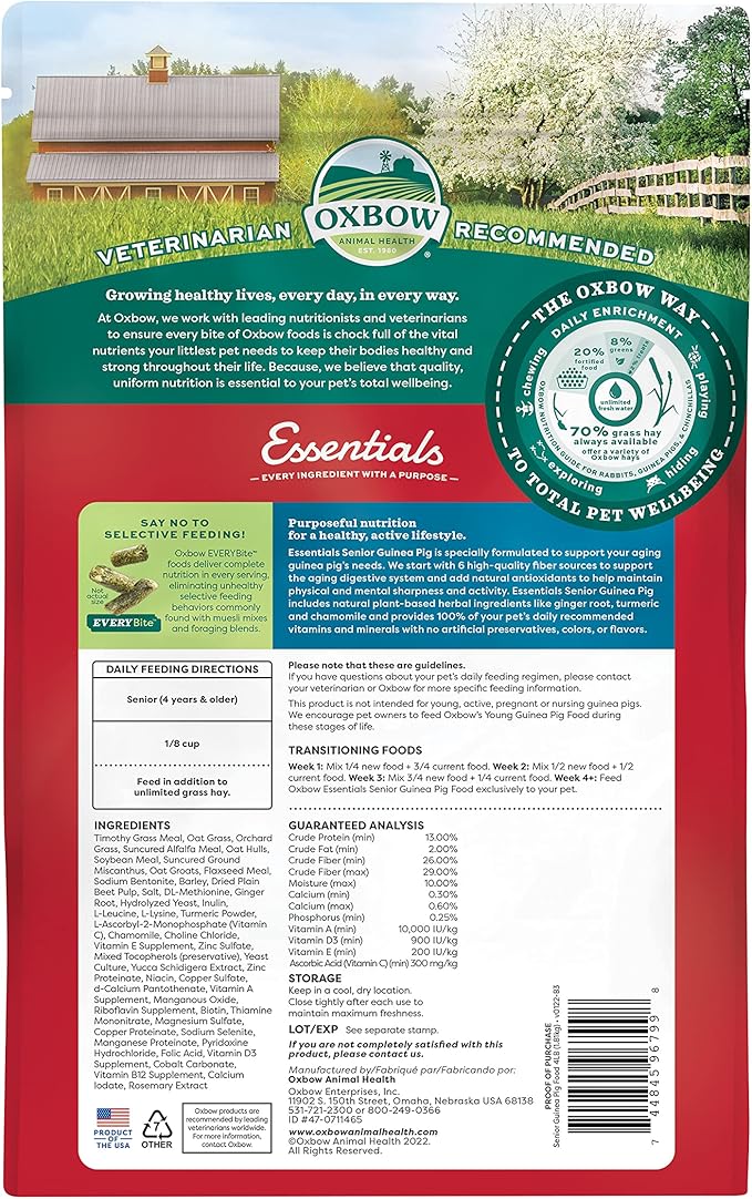 Oxbow Essentials Senior Guinea Pig Food, Made Alfalfa for Guinea Pig, Pet Food Pellets with Vitamin C, Small Animal Pet Products, Made in USA, High Fiber, 4 lb. Bag