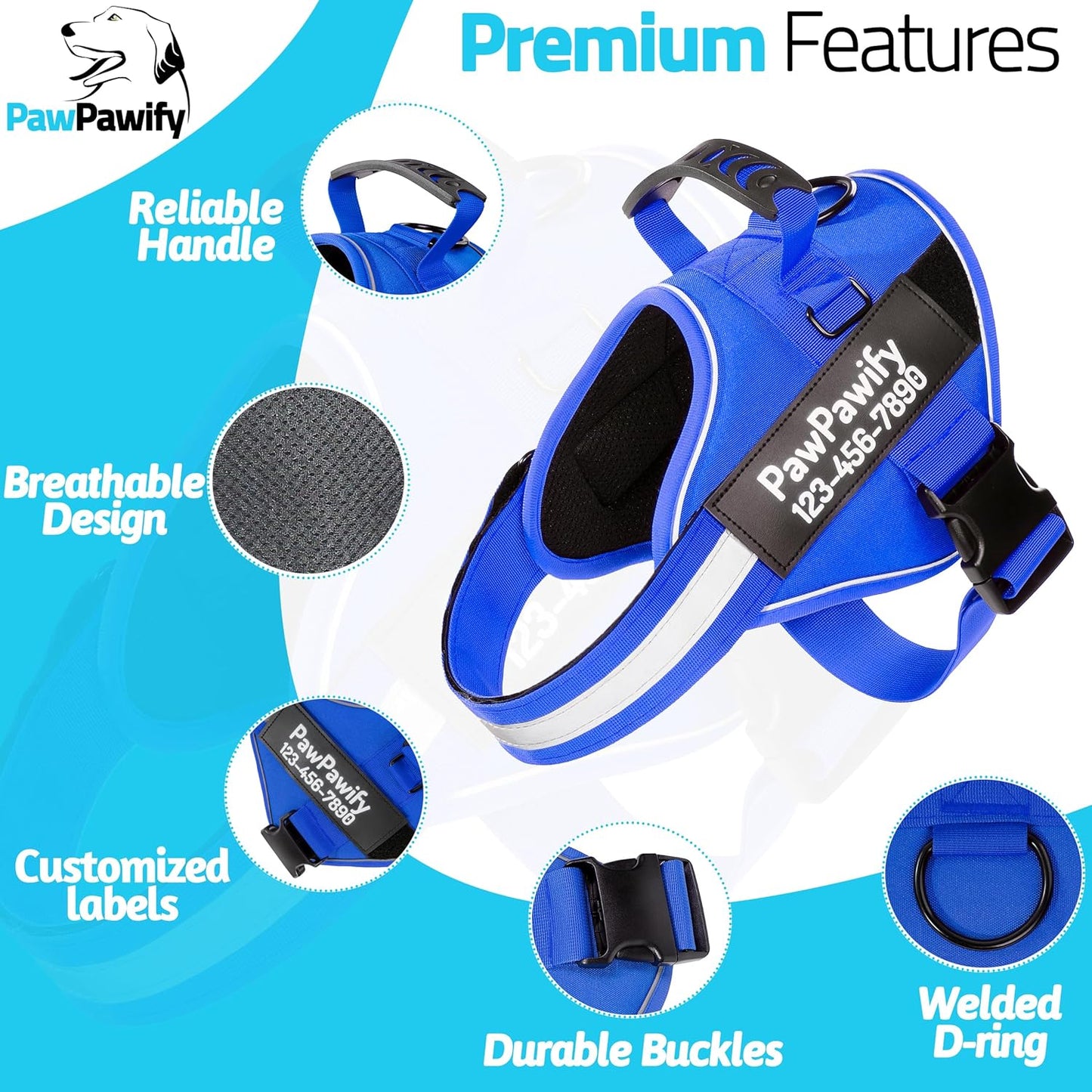 PawPawify Custom No Pull Dog Harness with Name and Phone Number, Heavy Duty Personalized Pet Vest to Prevent Tugging, Pulling, or Choking, Training and Walking (New Blue, XL (60-85 LBS))